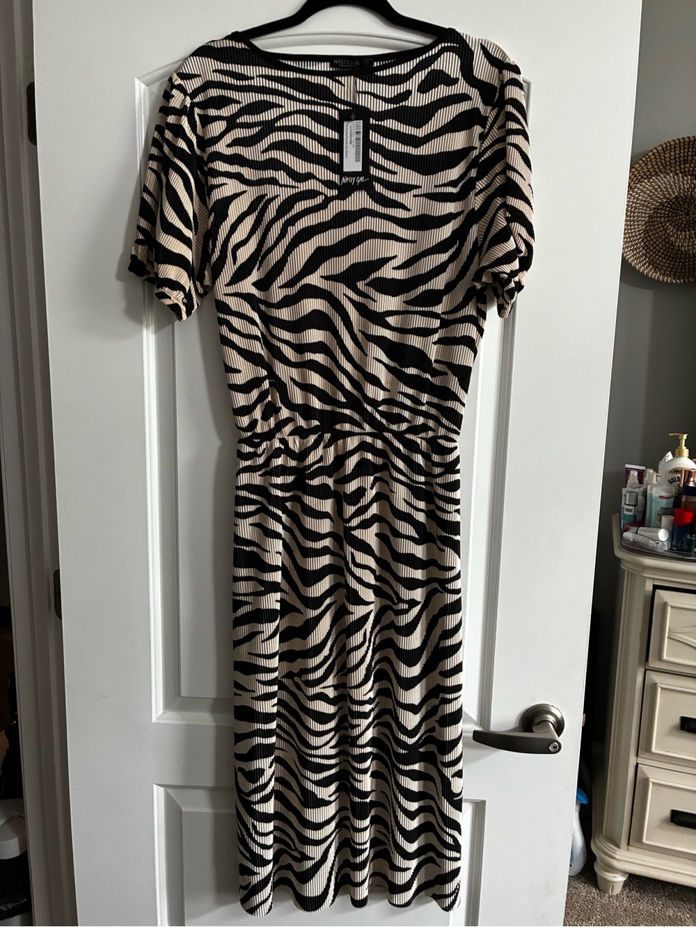 Nasty Gal Black & Cream Zebra-Print Ribbed Midi Dress